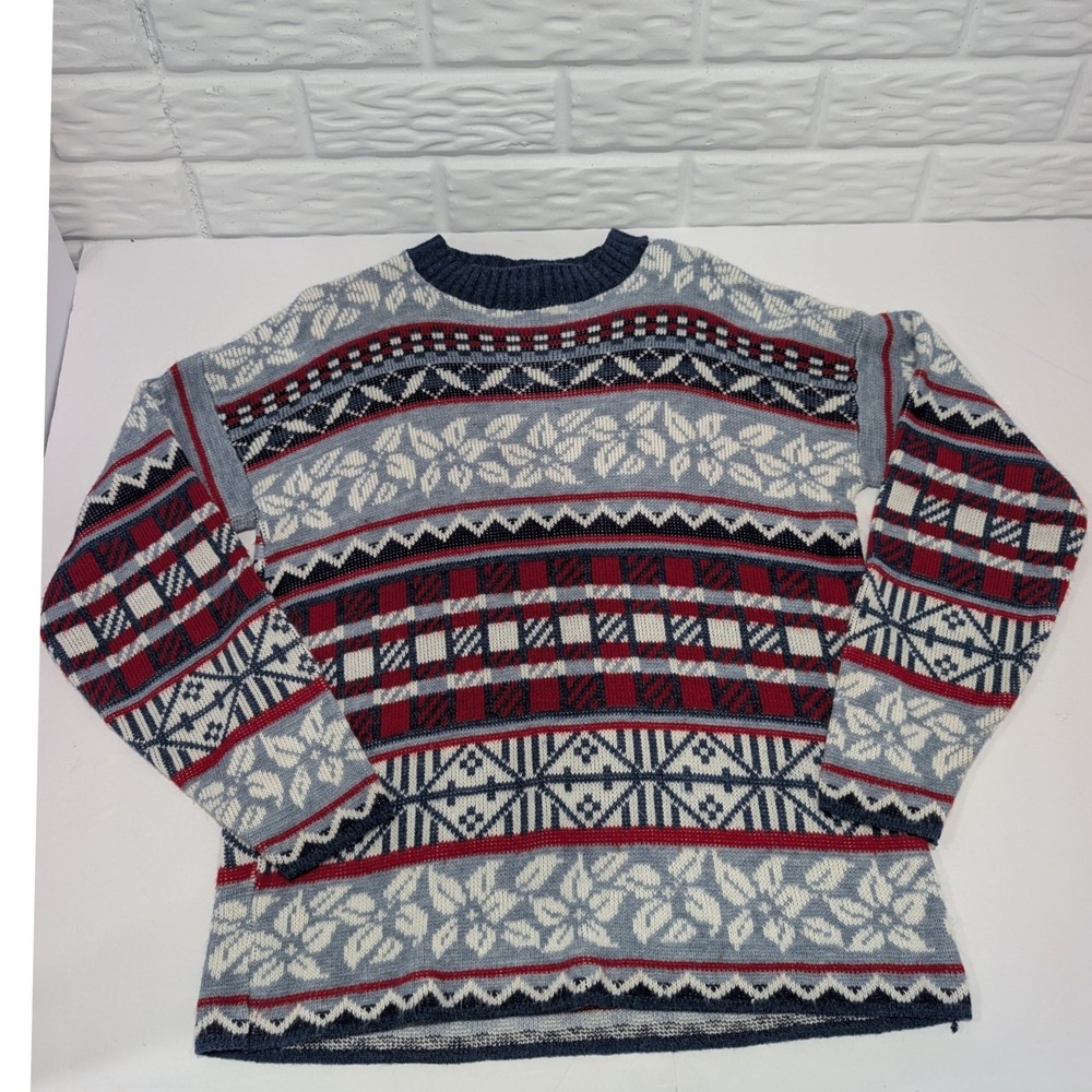 Huntington Ridge Vintage Fair Isle Knit Sweater Blue Red White USA Made Large